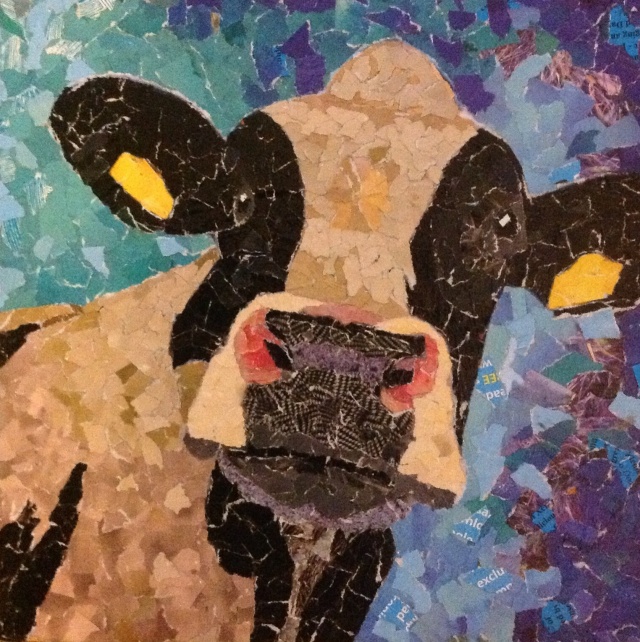 Cow, mixed media, ripped paper