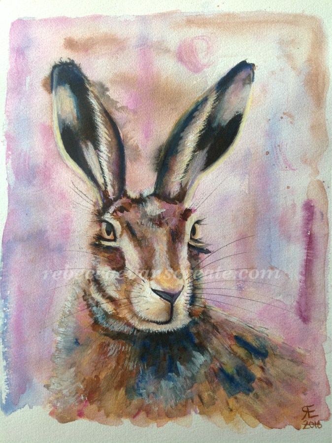 Watercolour and neopastel hare painting