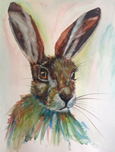 'Motley moments' watercolour hare, direct to paper, fast paint technique using unconventional colours.