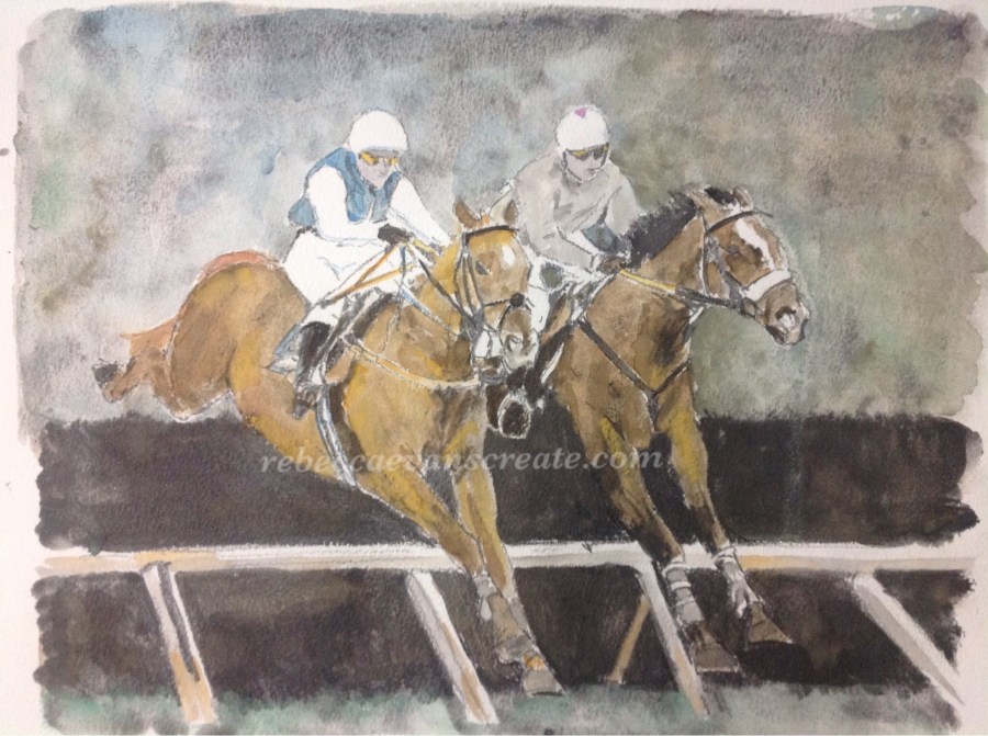 Jump racing liquid pencil and watercolour painting