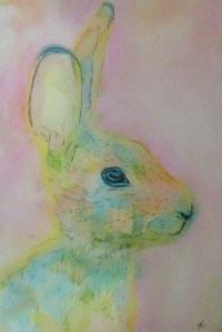 Watercolour hare using kuretake dual tip pens rather than traditional watercolour, scribble ink onto a shiny tile and lift traditional way with brush to paint- nice vibrant pastels. Black permanent ink outliner