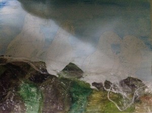 Puffin parade watercolour, using cling film for texture effects on the rocks
