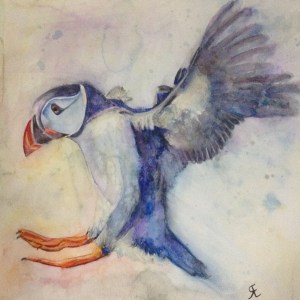 Watercolour puffin for my mum, using a free approach to watercolour painting