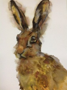 'As if by magic' watercolour hare emerges from the paint, fun technique using lots of water, and spritzed near end of painting for dispersion and bleeding of paint