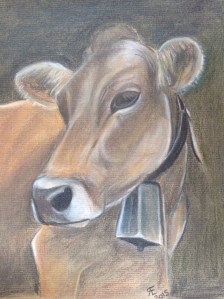 Charcoal and derwent tinted charcoal cow with bell