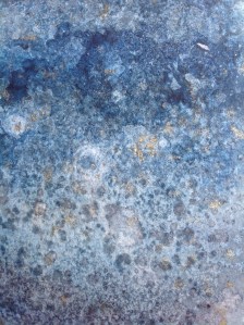 Rubbing alcohol dropped into watercolour wash, gold paint splashed, and salt added