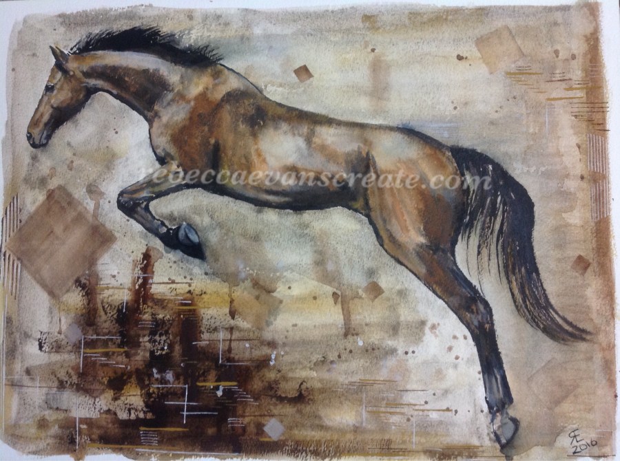 Indian ink and watercolour jumping horse