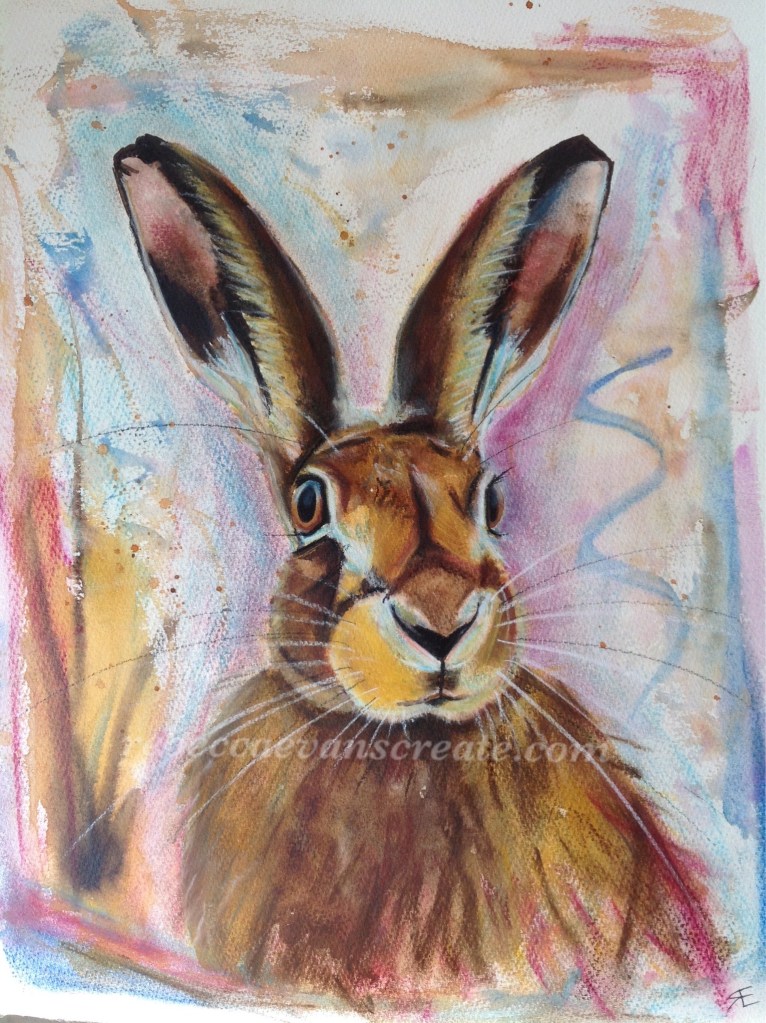 Watercolour and pastel hare painting rebecca evans create art