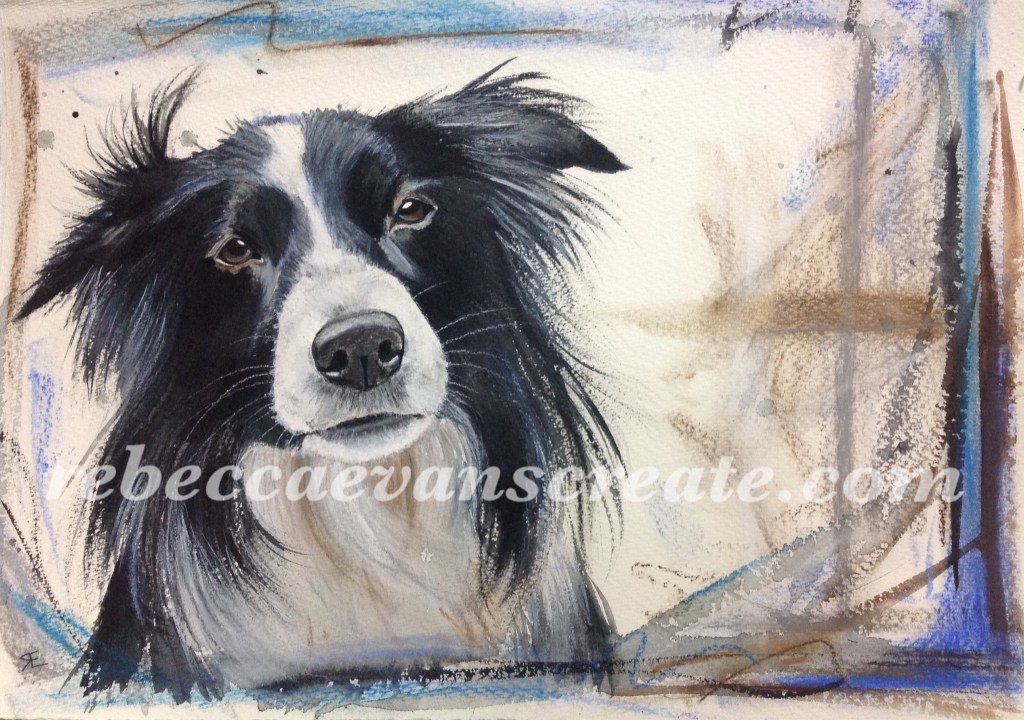 Dog in watercolour and pastel painting, rebecca evans create art