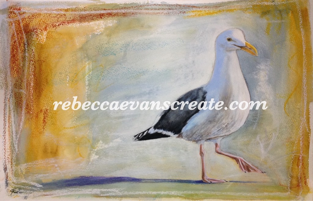 Rebecca evans create art 'Mr Fisher' watercolour and pastel seagull