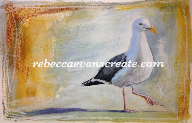 Rebecca evans create art 'Mr Fisher' watercolour and pastel seagull