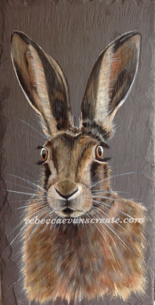Hare oil painting on slate 'Honister' Rebecca evans create art