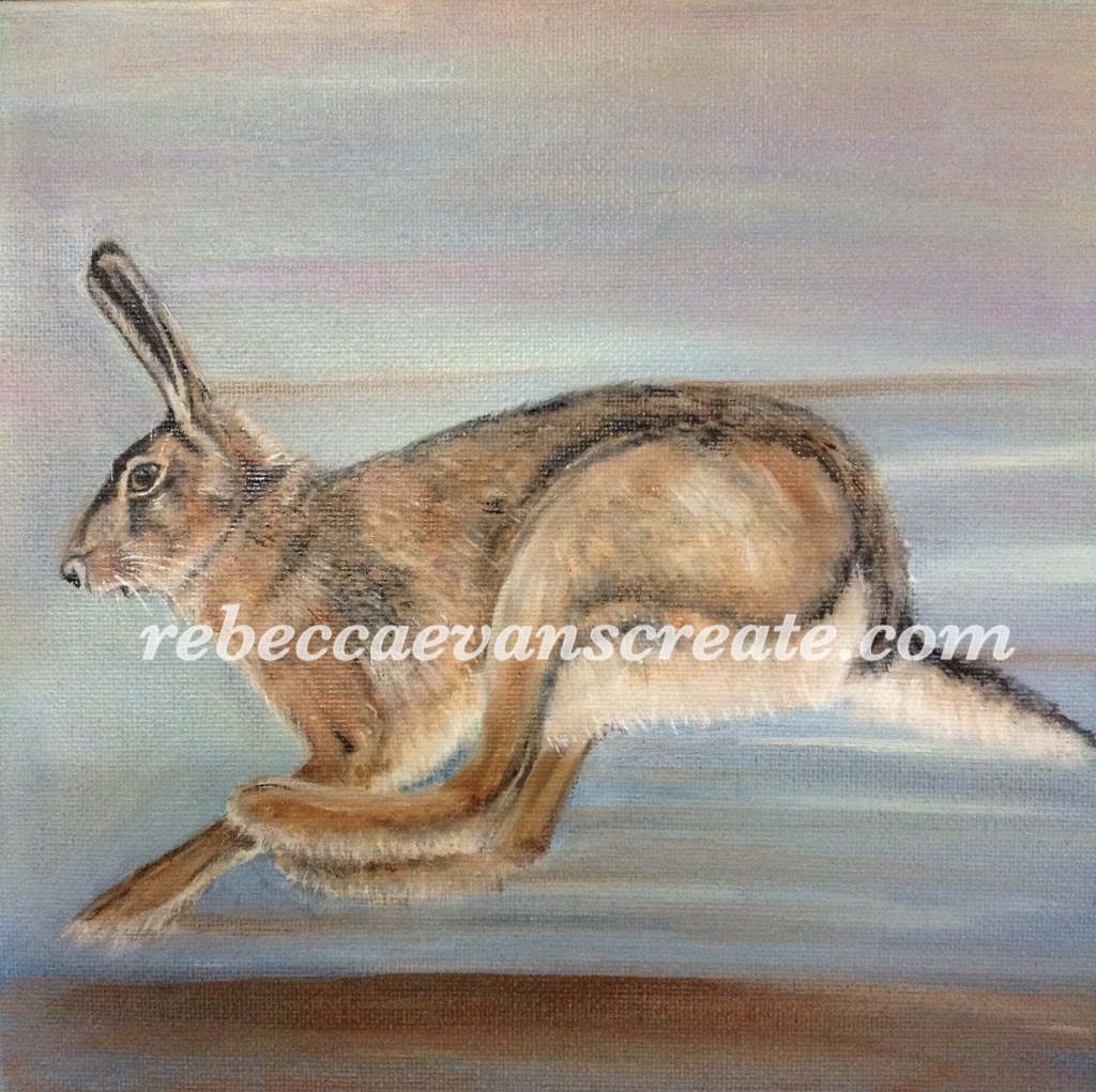 'Hoping alone' oil painting on canvas, hare 20cmx20cm