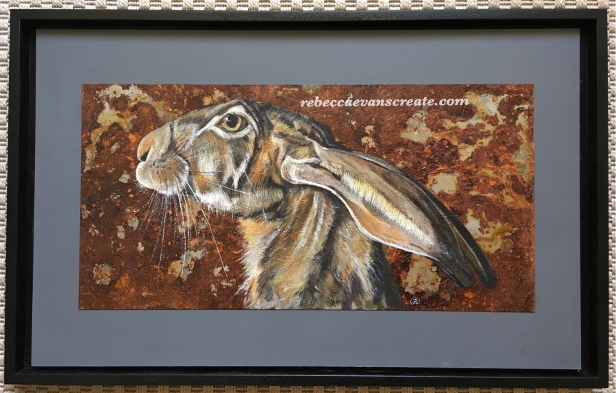 ‘Mr Rustic’ acrylic on rusty old metal sheet. Mounted