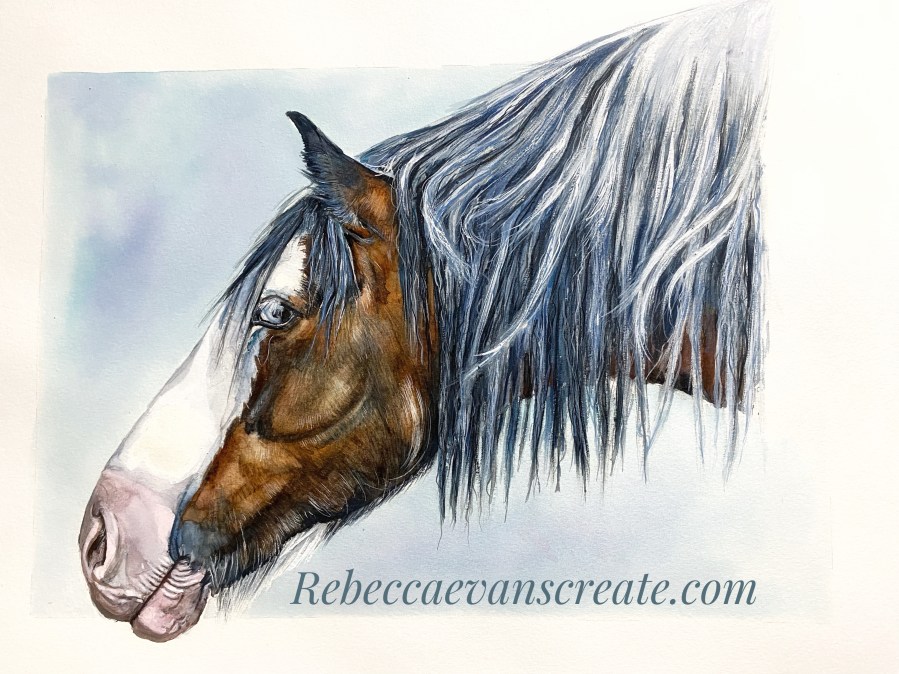 ‘Miller’ landscape watercolour skewbald cob