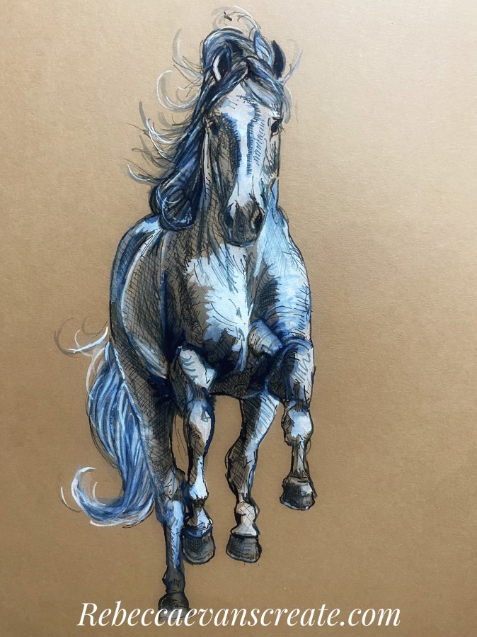 Horse sketch in ink on Kraft card